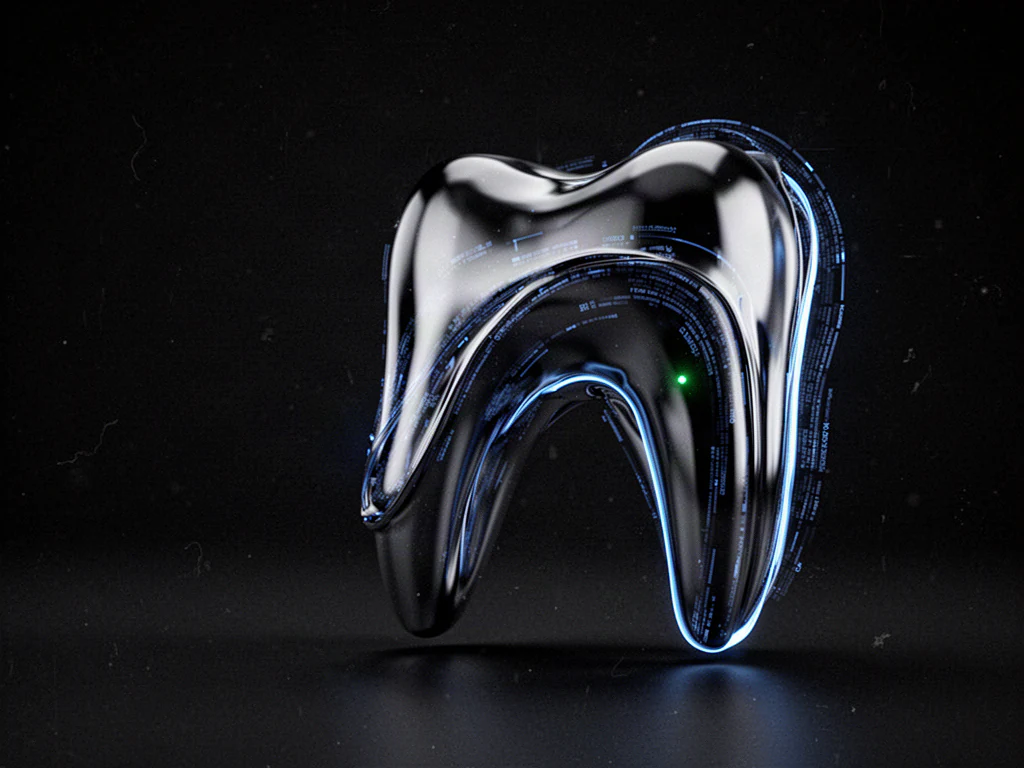 A liquid chrome tooth sculpture traced with glowing blue data lines, representing orthodontic practice intelligence.