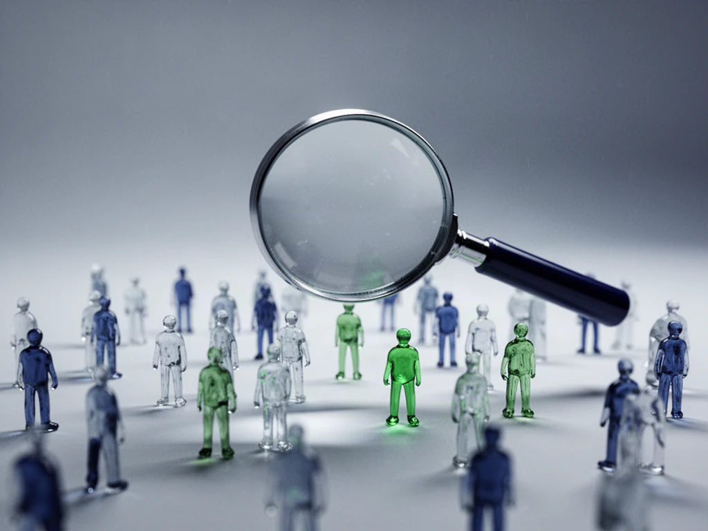 A glass lens over a crowd of tiny glass figures, a few glowing green.