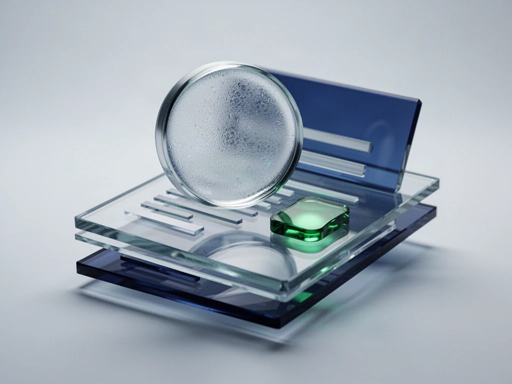 A glass lens over a glass web page mockup, one button glowing green under the lens.
