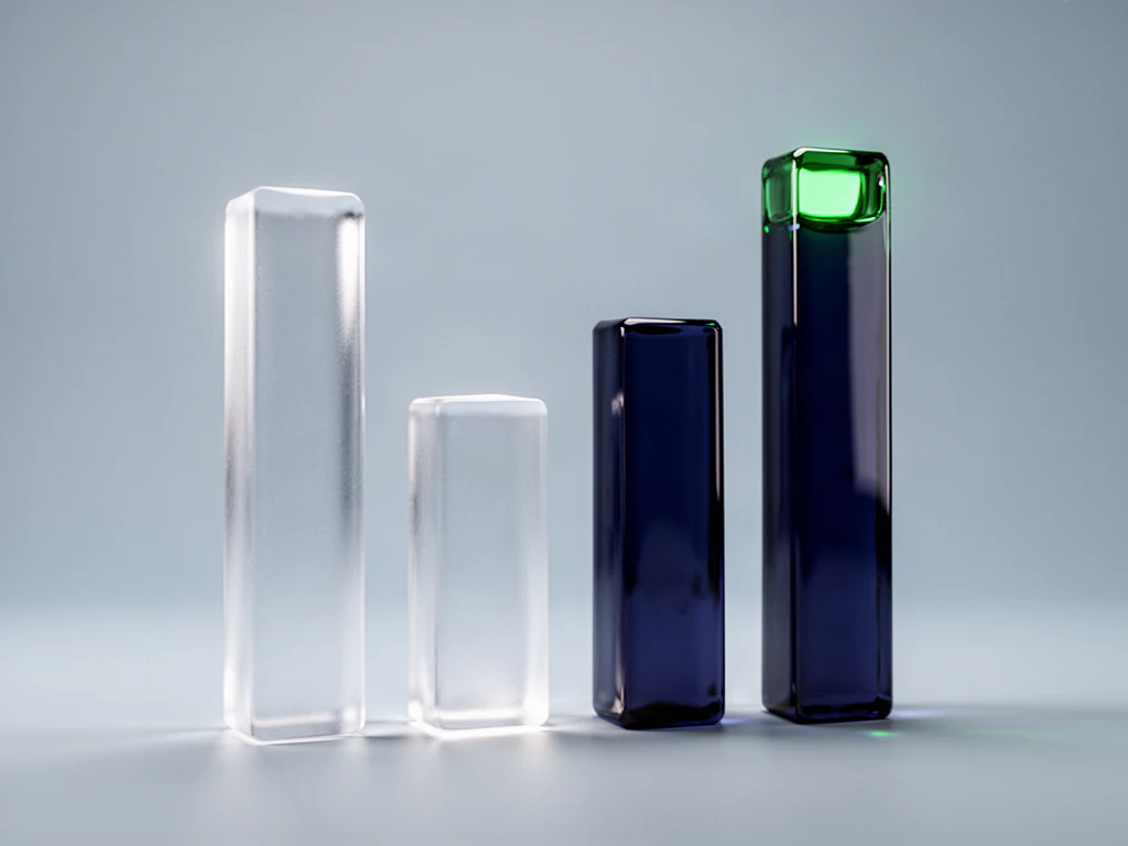 Four frosted glass pillars of different heights like an AI engine scoreboard.