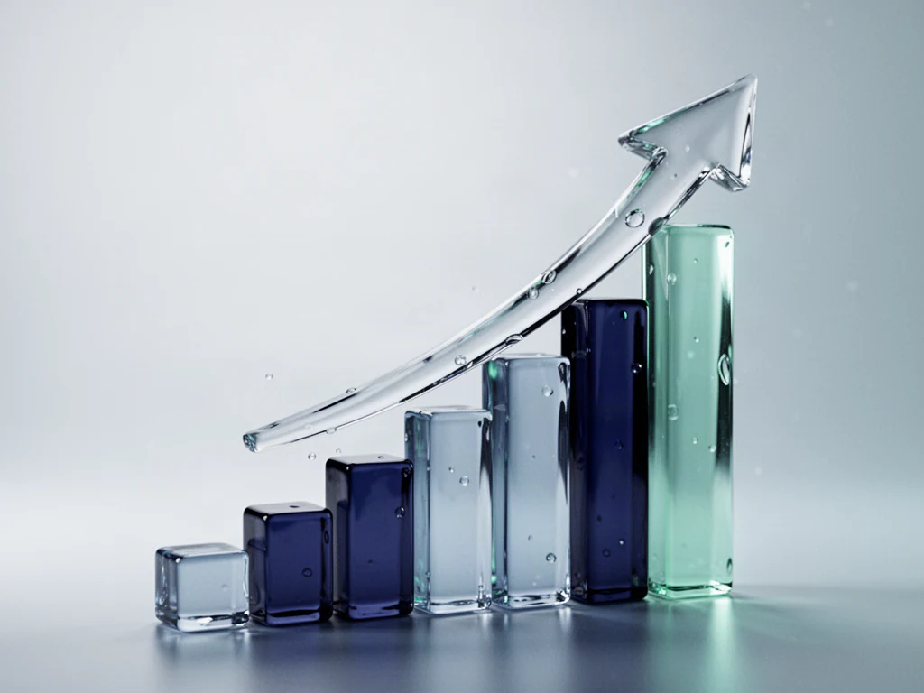 Rising glass bars with a glass arrow curving upward, representing ad performance growth.