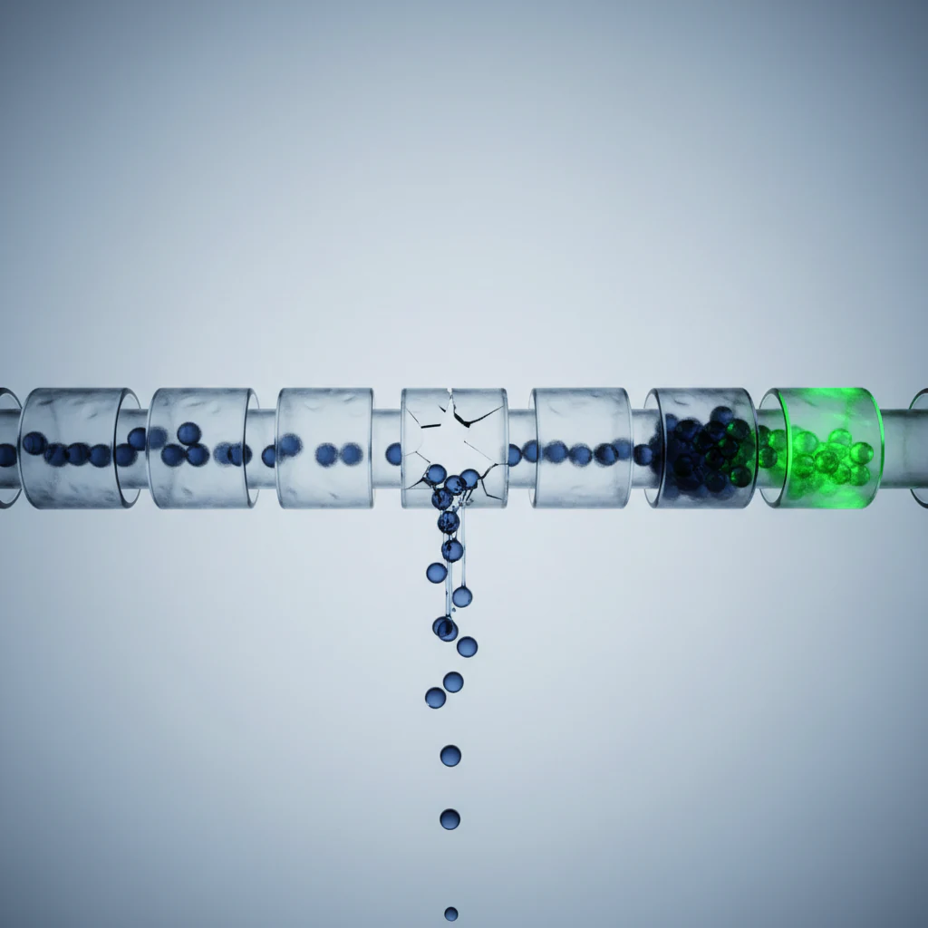 Glass spheres flowing through a glass pipeline, several leaking out of a crack in the middle, the rest collecting in a green chamber at the end, representing a leaking conversion path.