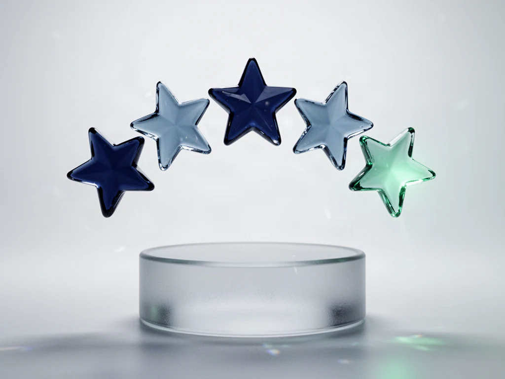 Five glass stars in an arc, one glowing green, representing review ratings.
