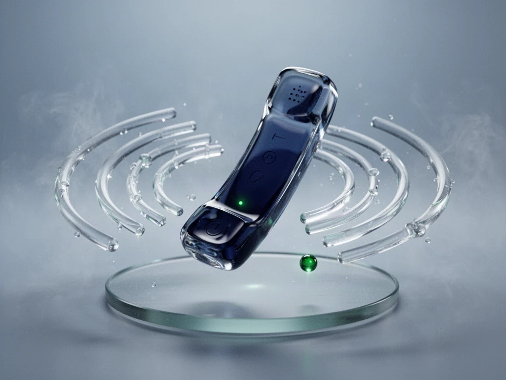 A navy glass phone handset floating over a glass disc with glass sound waves radiating out, representing an always-on AI receptionist.