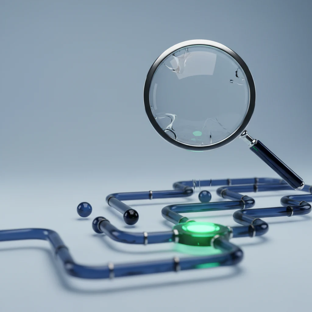 A glass magnifying lens over a glass flowchart of connected nodes, representing an operations audit.