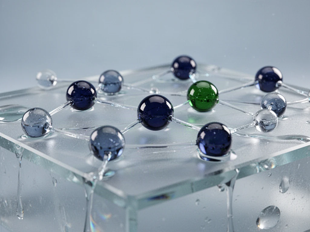 A network of connected glass spheres, one glowing green.