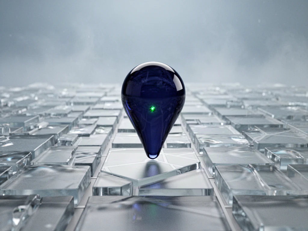 A navy glass map pin standing on a grid of frosted glass city blocks, representing local search visibility.