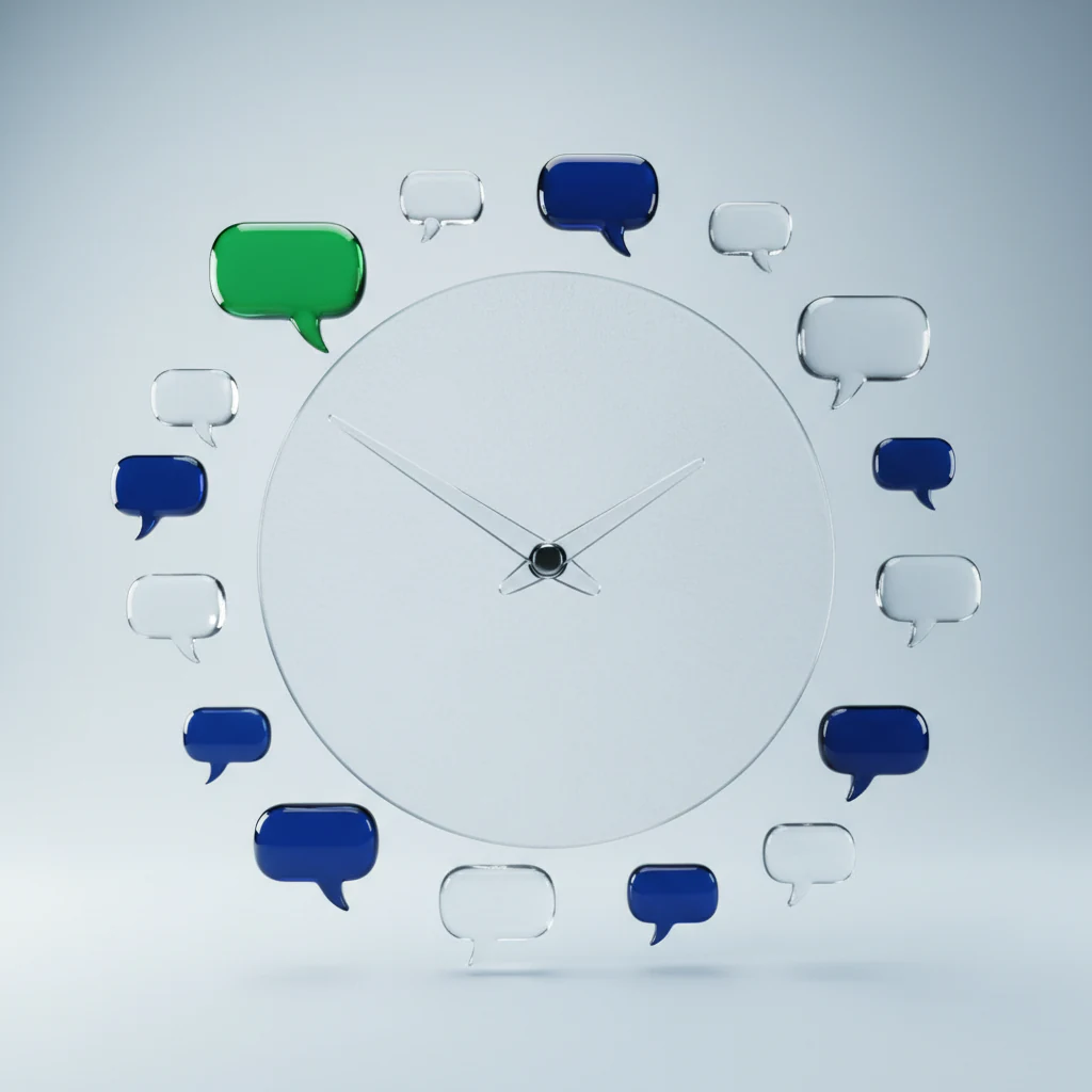 A frosted glass clock surrounded by floating glass speech bubbles.