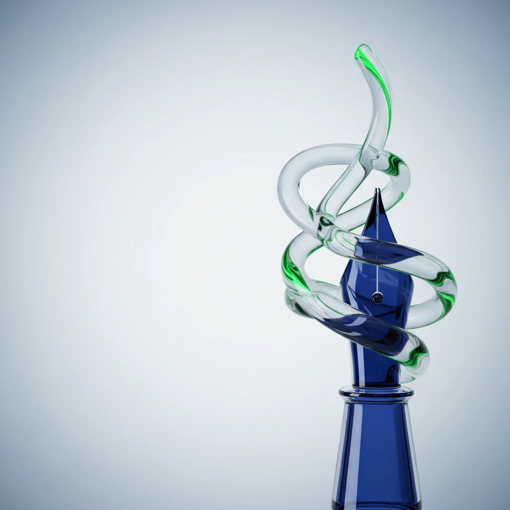 A glass pen nib with flowing glass ribbons, representing AI-assisted content.