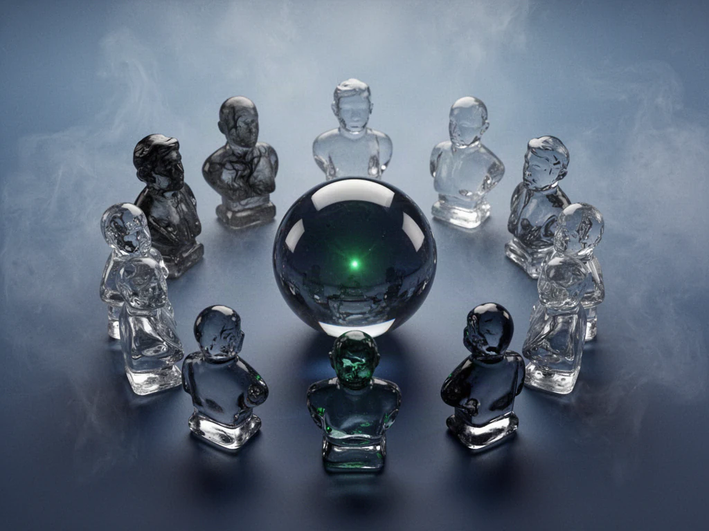 Twelve glass persona busts in a circle around a glass sphere, five in darker glass as built-in skeptics.