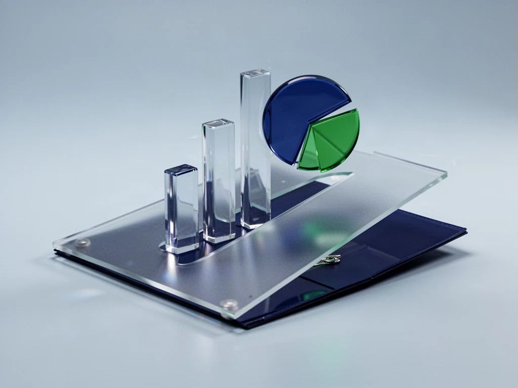 A glass report folder with glass chart shapes rising out of it.