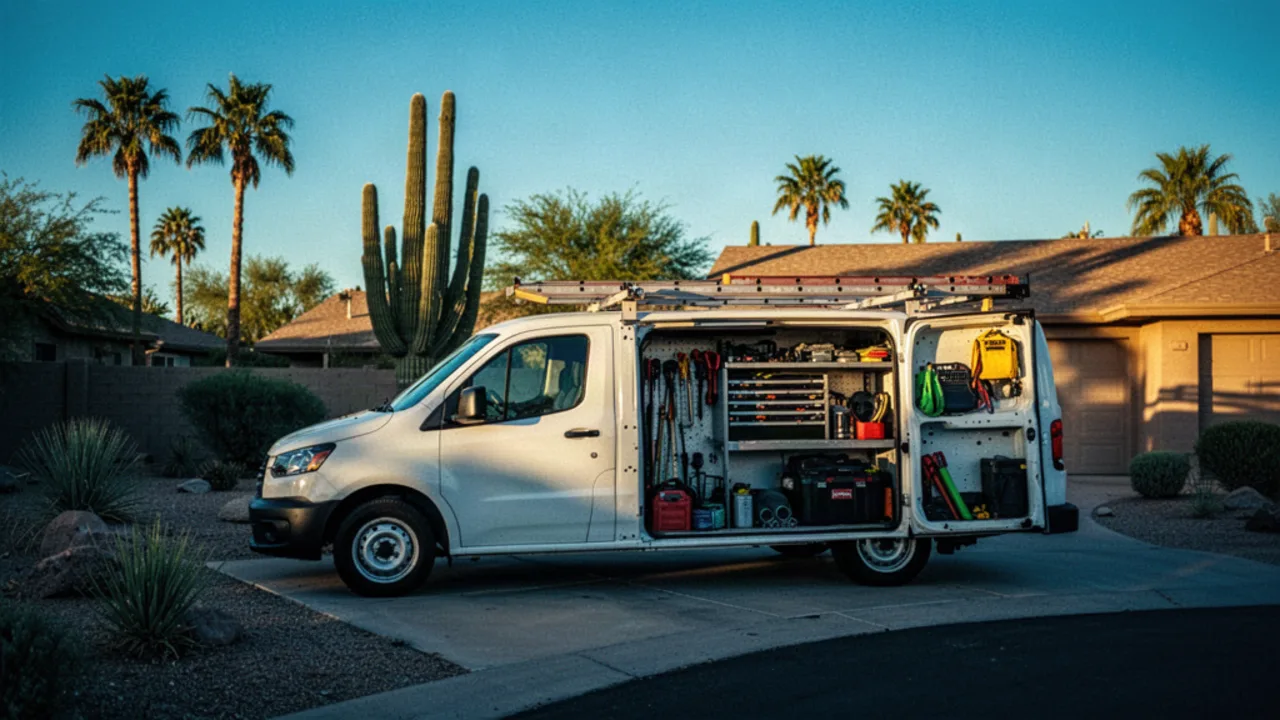 A clean unmarked home services work van parked in a suburban Phoenix driveway at golden hour, surrounded by desert landscaping and palm trees.