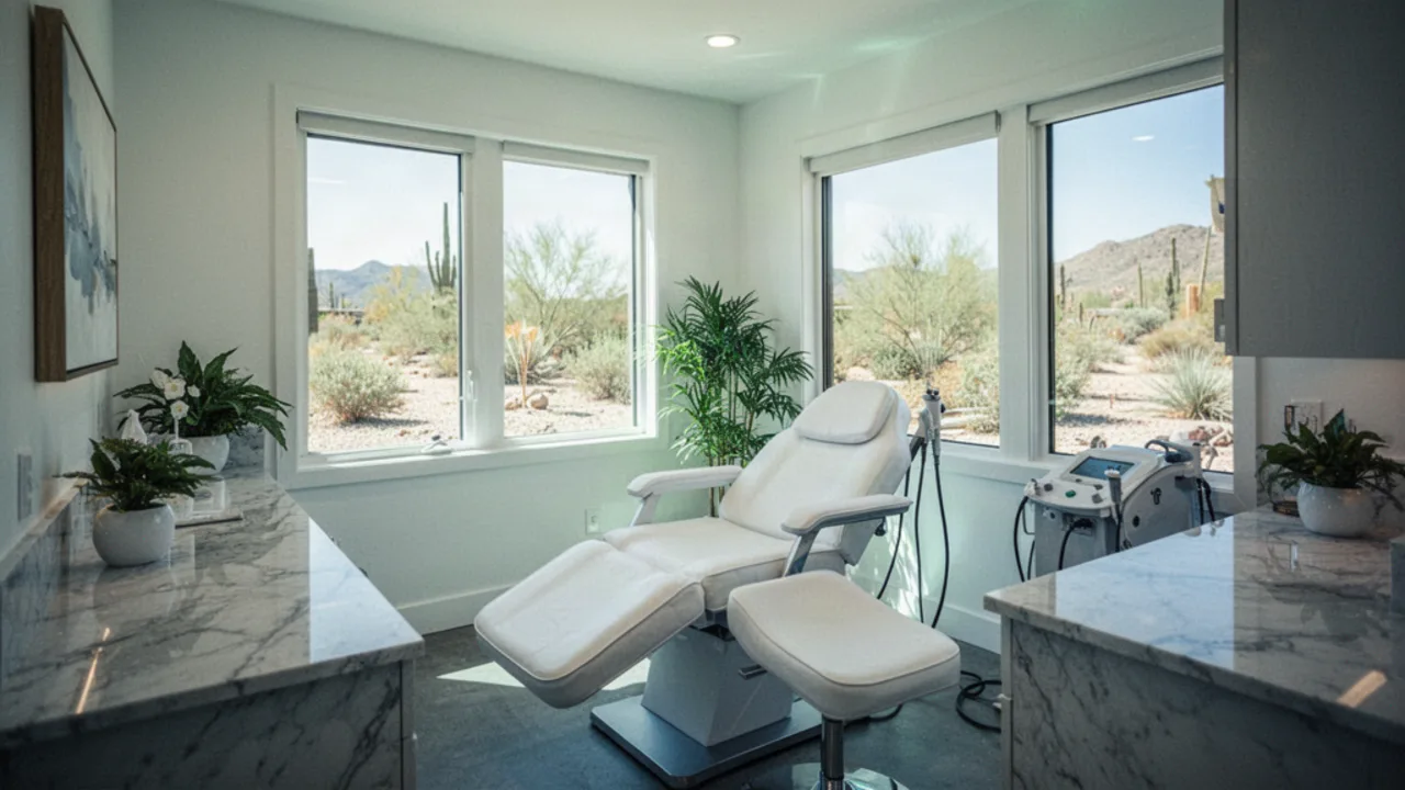 A bright upscale modern med spa treatment room in Phoenix with warm natural desert light.