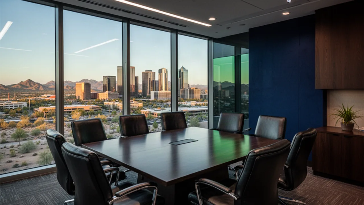 A sophisticated modern Phoenix professional services office with a desert skyline view.