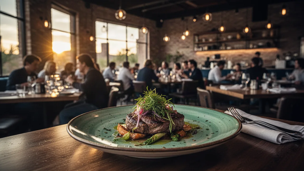 A stylish busy modern Phoenix restaurant interior at golden hour with a plated dish in the foreground.